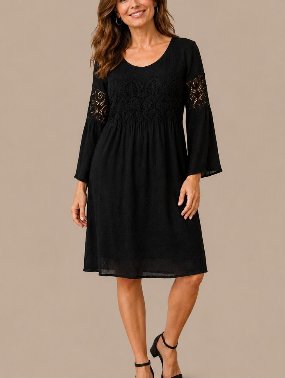 INDIGO ROSE Charcoal Gray Lace Long Flare Sleeve Scoop Neck Dress 2X